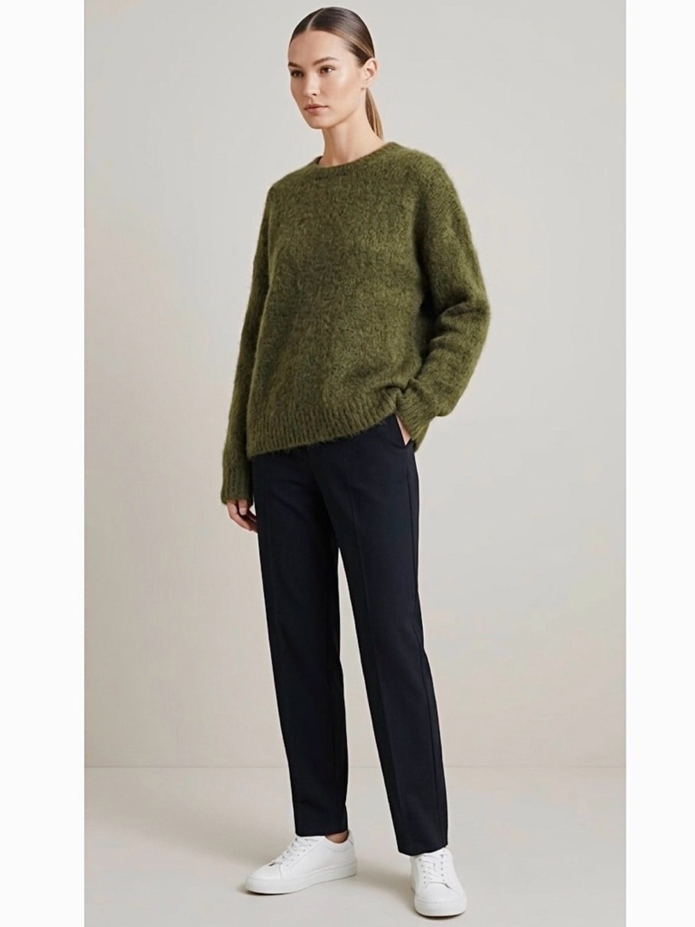 CCO MARKDOWN New Oversized Mohair Crew Neck Pullover Sweater  Olive Green Size